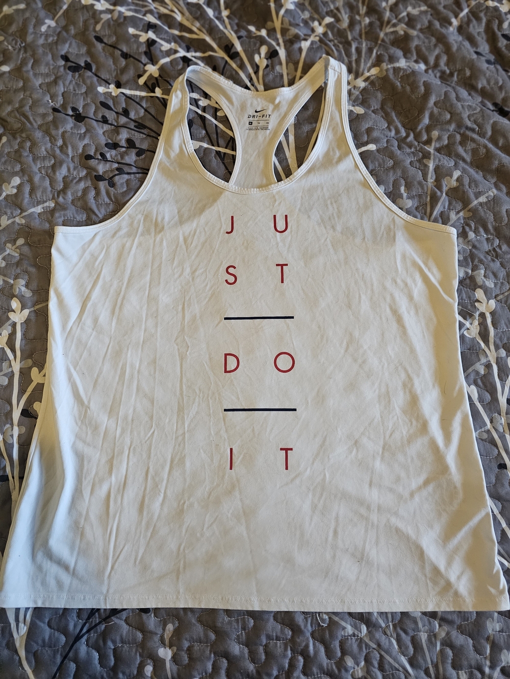 Nike White Racerback Tank with Vertical "JUST DO IT" Graphic